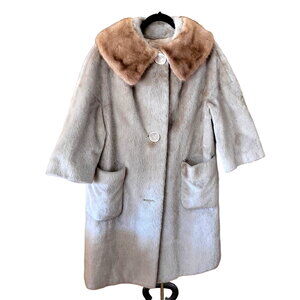 50s 60s MCM BRAZOTTA Faux Fur Coat Fold Up Mink Collar 3/4 Sleeves Thick L XL